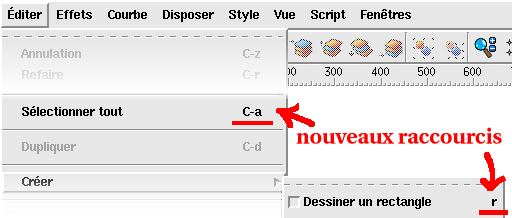 Les nouveaux raccourcis sont visibles dans les menus