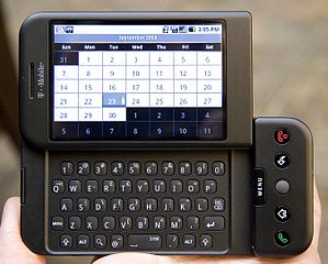 Here is the HTC Dream phone, the first commercial phone using an Android OS, source : http://fr.wikipedia.org/wiki/Fichier:T-Mobile_G1_launch_event_2.jpg