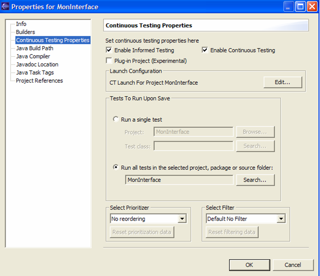Activer Continuous Testing Fenetre de propriétés du projet
