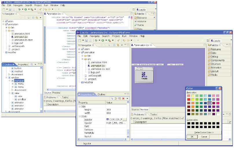 Captures d'cran du plugin IDE4Laszlo pour Eclipse en mode texte et graphique